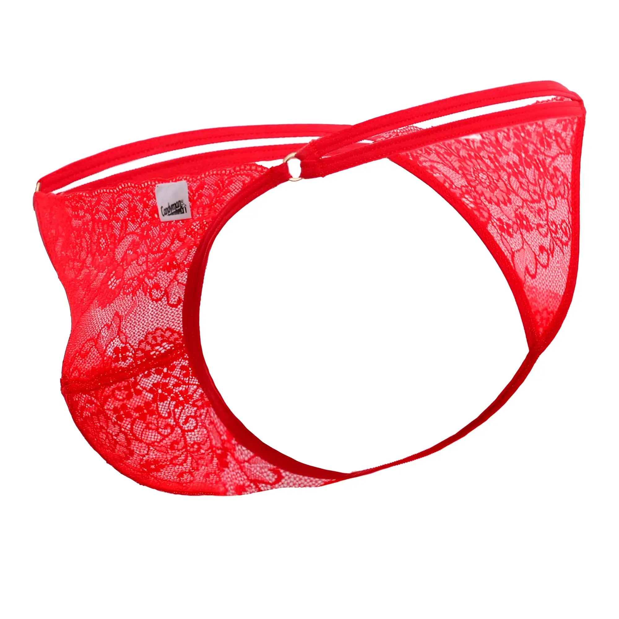 Red CandyMan 99421X lace g-string thong with intricate floral patterns and metallic clasp visible from the back side