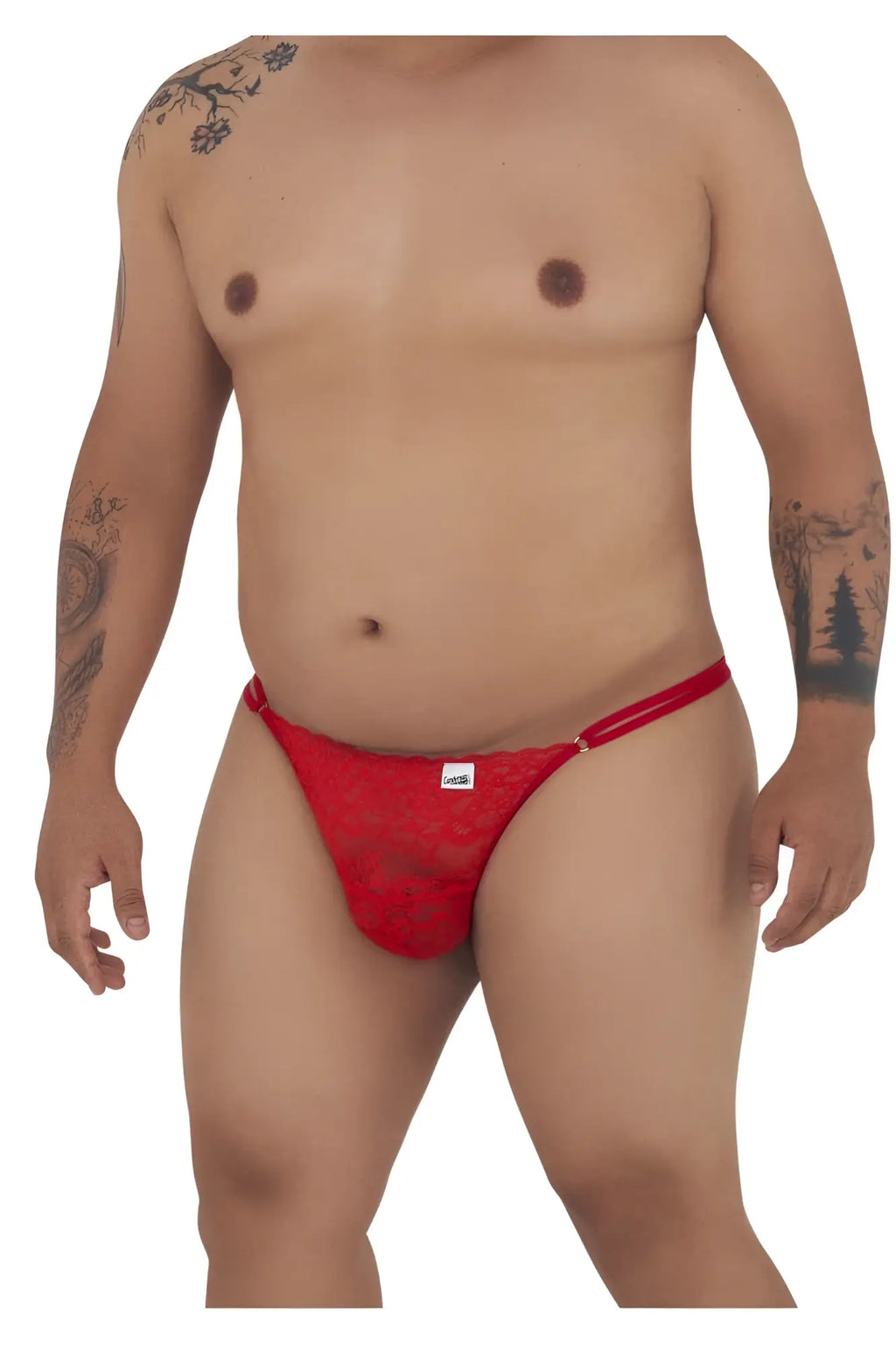 Red lace thong g-string with subtle pattern and white brand tag on waistband candy man 99421x lace g-string thongs red