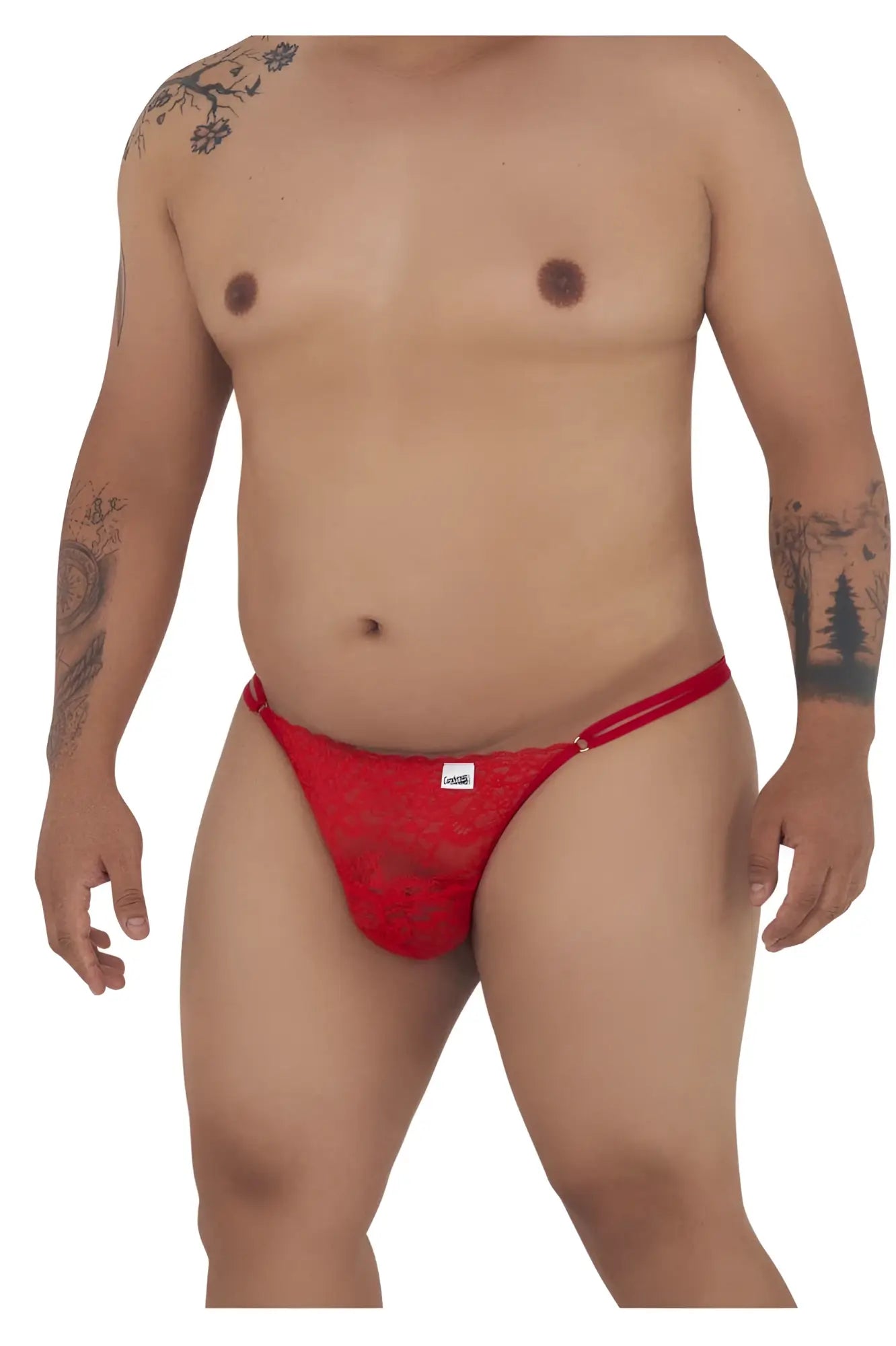 Red lace thong g-string with subtle pattern and white brand tag on waistband candy man 99421x lace g-string thongs red