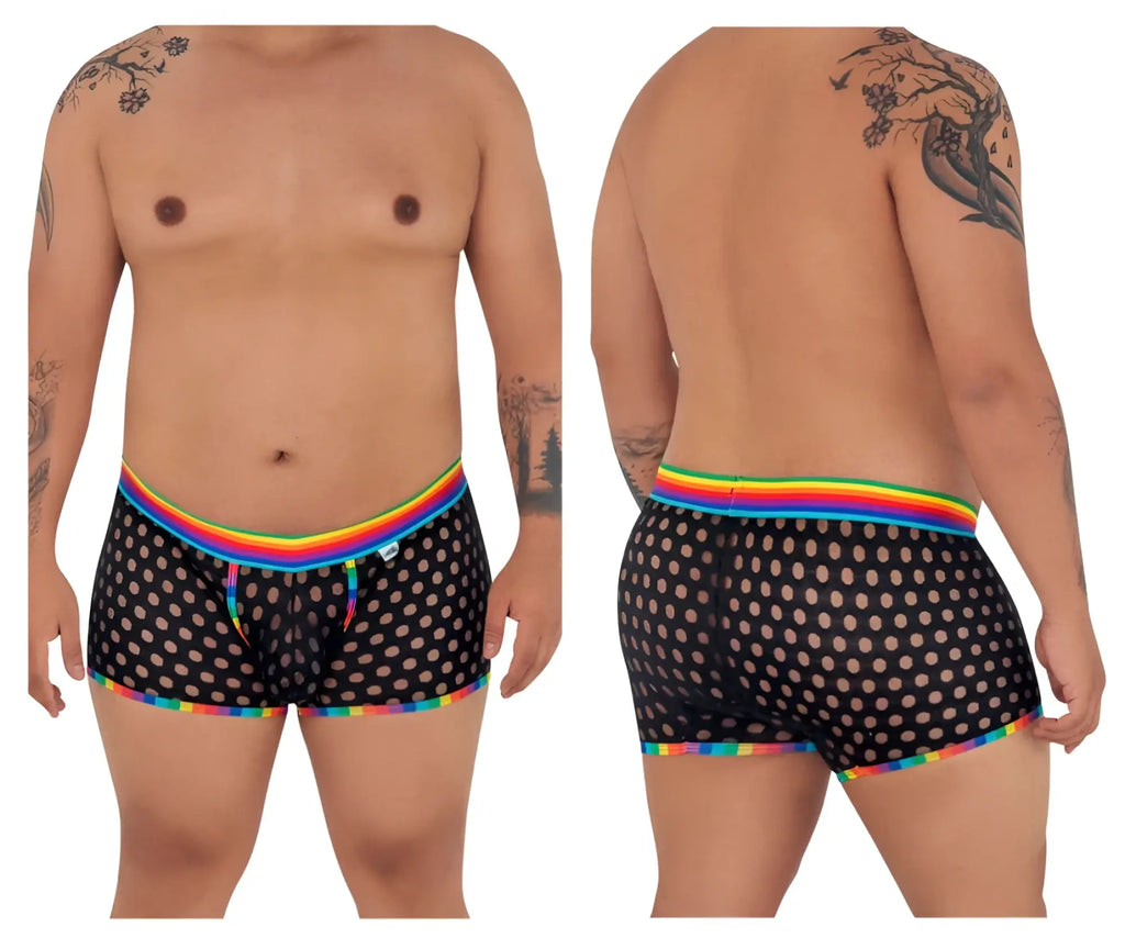 Black mesh boxer briefs with polka dot pattern and rainbow trim from candyman 99511x polka mesh trunks