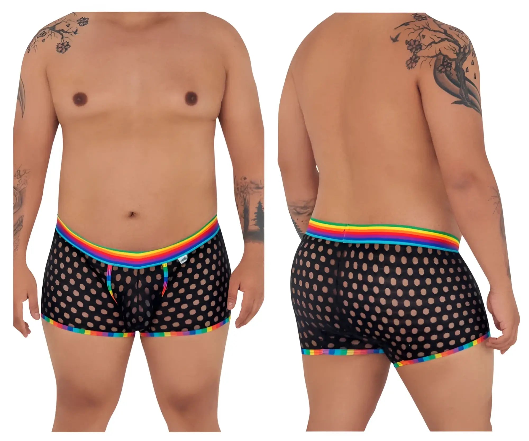 Black mesh boxer briefs with polka dot pattern and rainbow trim from candyman 99511x polka mesh trunks