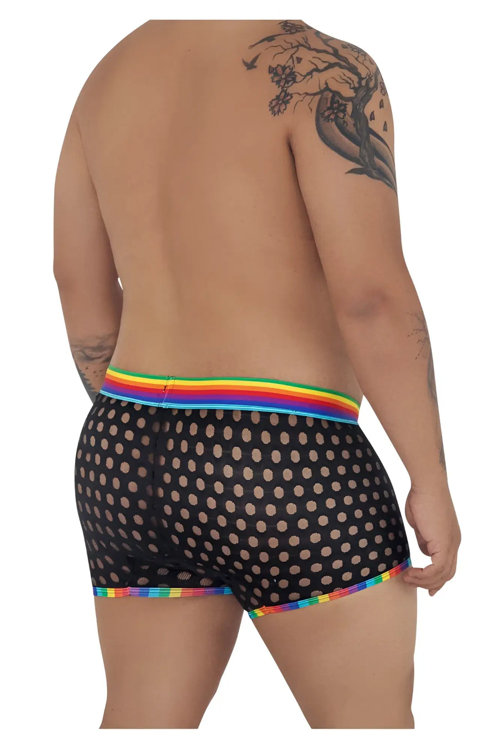 Candyman 99511x polka mesh trunks black boxer briefs with polka dot pattern and rainbow elastic waistband and trim