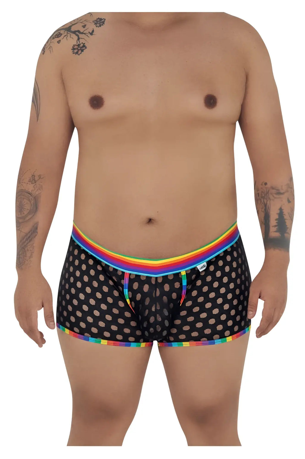 Black mesh boxer briefs candyman 99511x with rainbow-striped waistband and subtle polka dot pattern