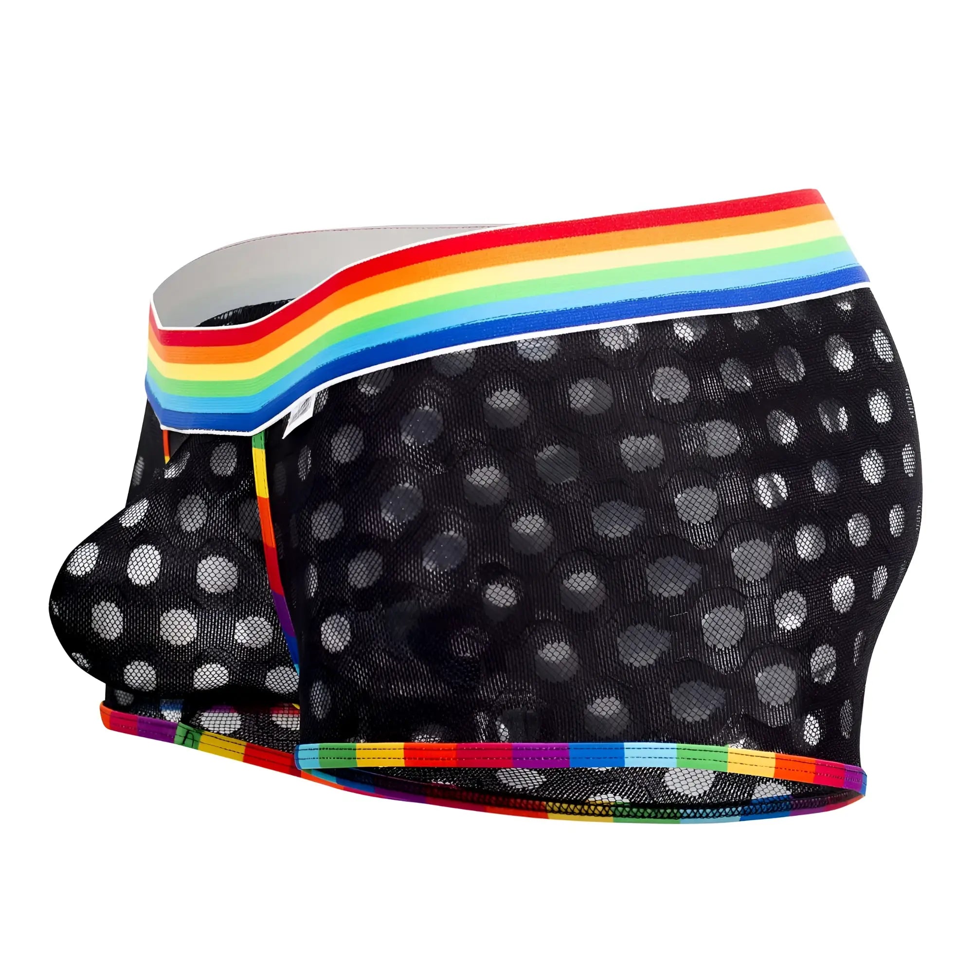 Candyman 99511x polka mesh trunks in black with white polka dots and rainbow-striped elastic waistband