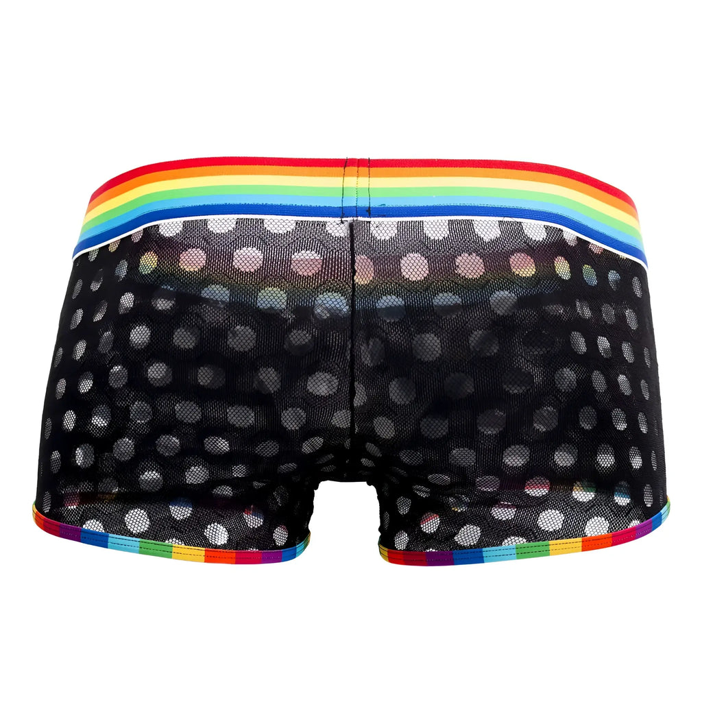 Black CandyMan 99511X polka mesh trunks with white dots and rainbow elastic waistband and trim