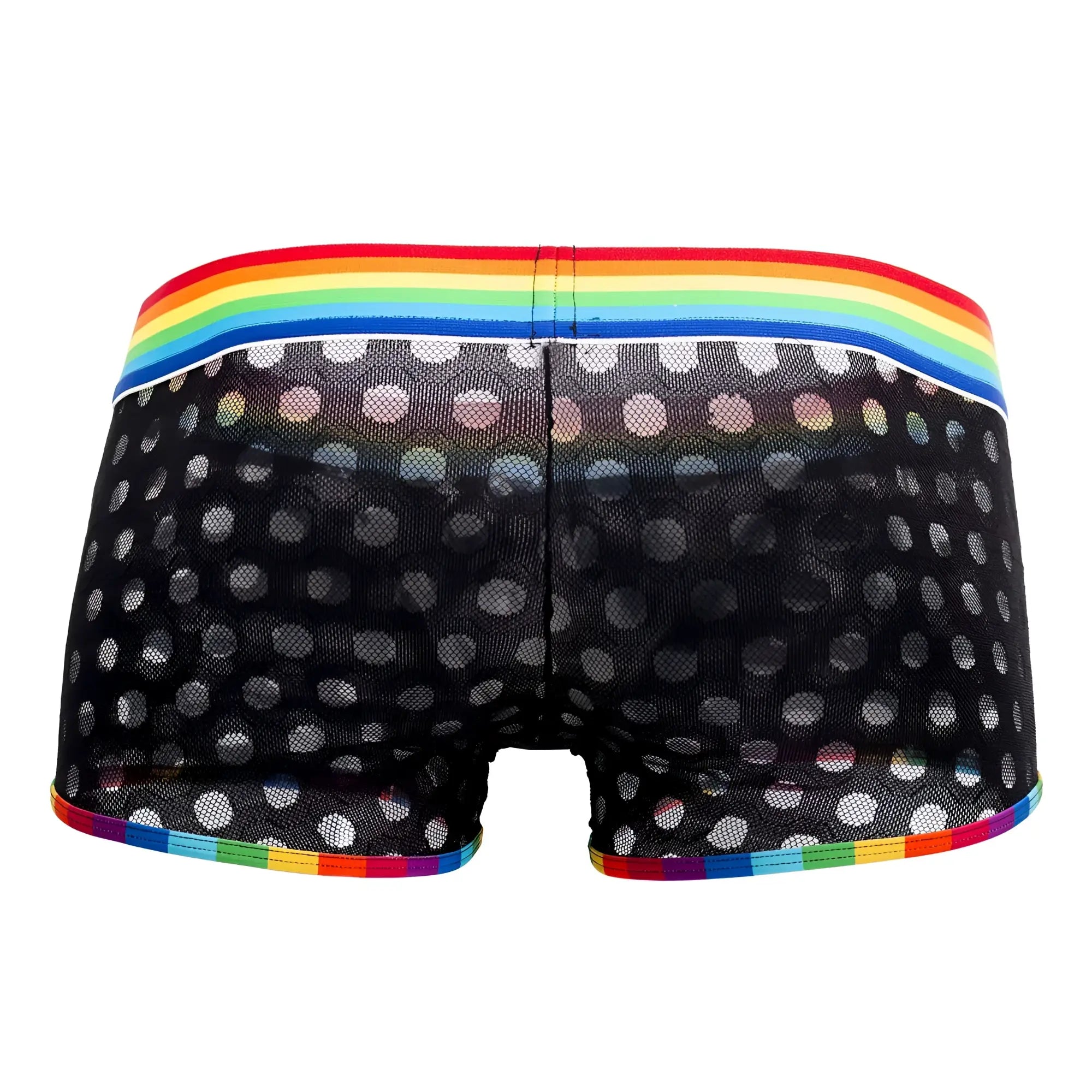 Black CandyMan 99511X polka mesh trunks with white dots and rainbow elastic waistband and trim