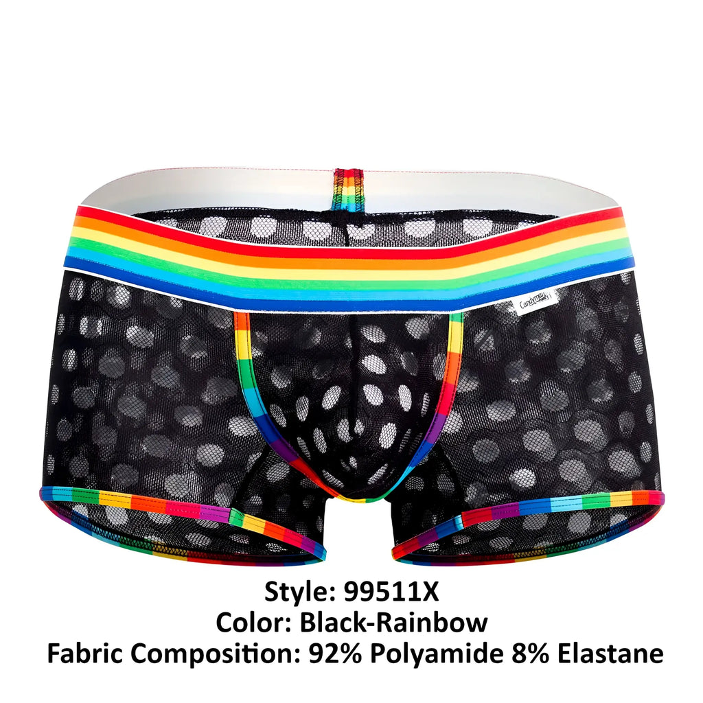 CandyMan 99511X polka mesh briefs in black with white dots and rainbow-striped waistband and leg openings