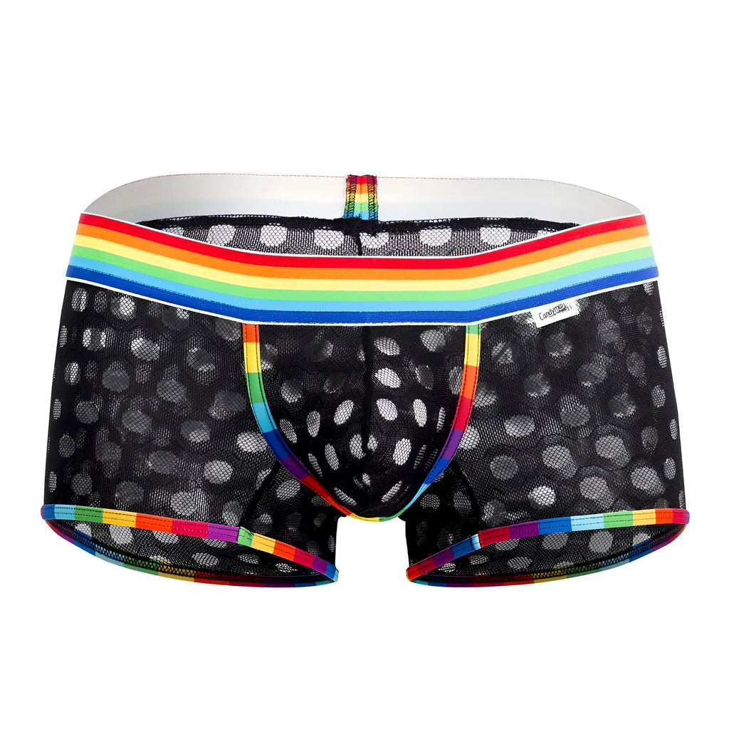 Black mesh briefs with rainbow striped waistband and white polka dots candyMan 99511X polka mesh trunks