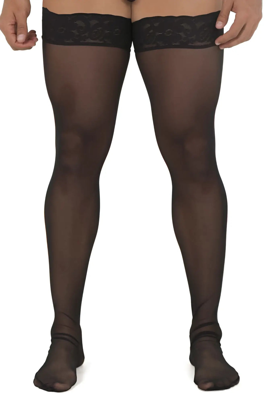 Black sheer mesh thigh highs candyMan 99533 with intricate lace trim at top for elegant legwear