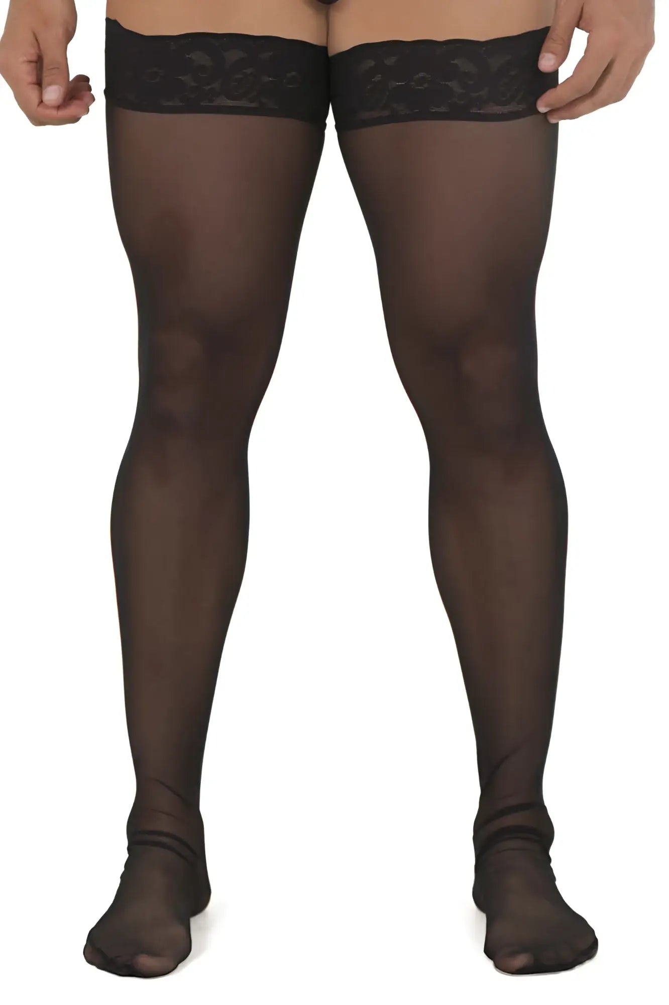 Black sheer mesh thigh highs candyMan 99533 with intricate lace trim at top for elegant legwear