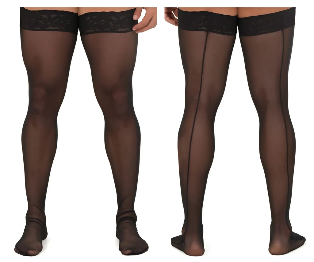CandyMan 99533 black sheer mesh thigh highs with lace trim and central seam for elegant legwear accessory