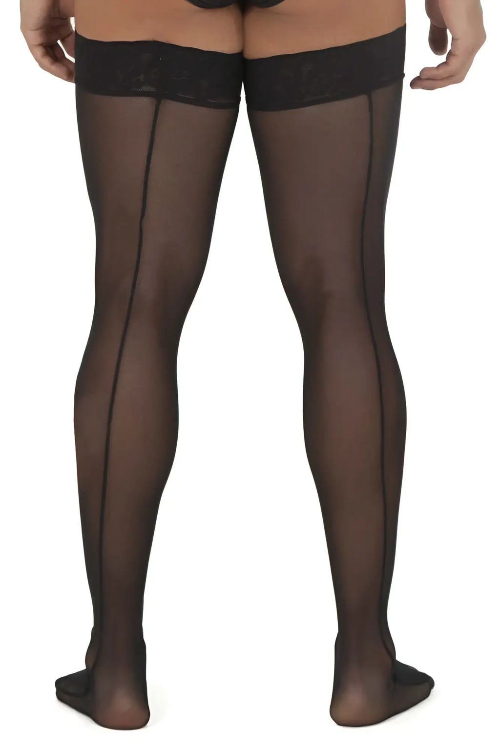 CandyMan 99533 mesh thigh highs in black sheer with lace trim and a central seam for elegant legwear