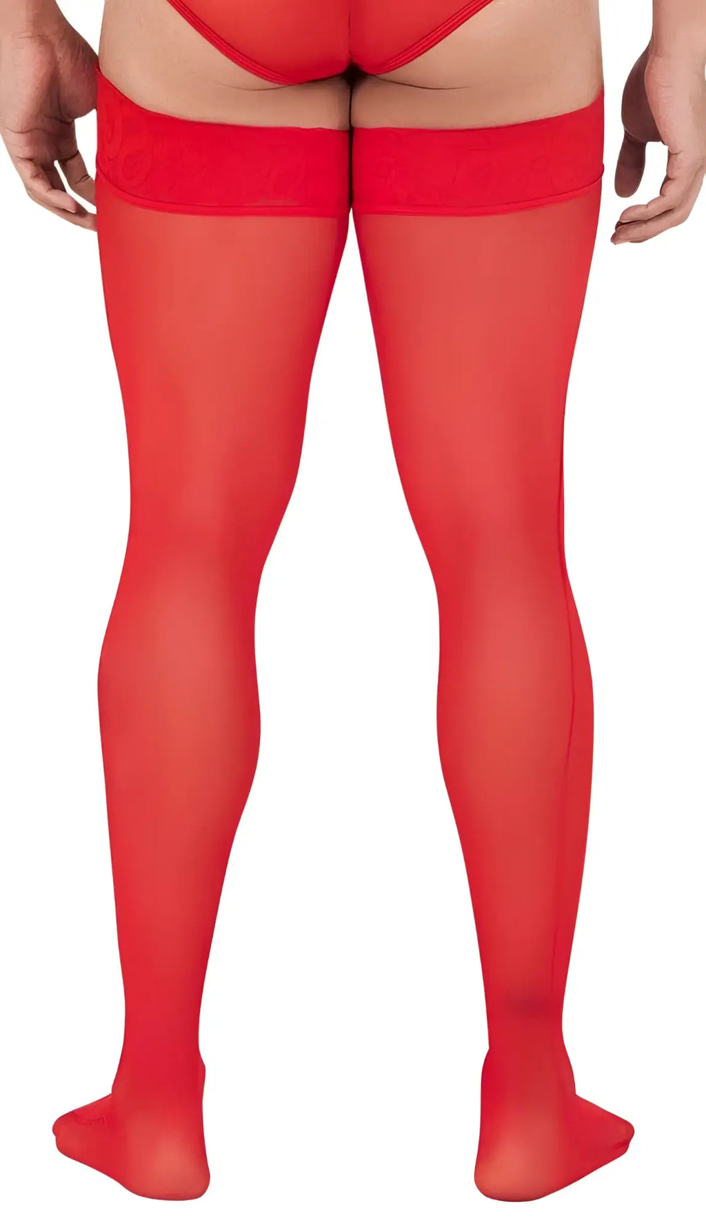 Red sheer mesh thigh-high stockings with lace trim at the top candyMan 99533 perfect for elegant wear
