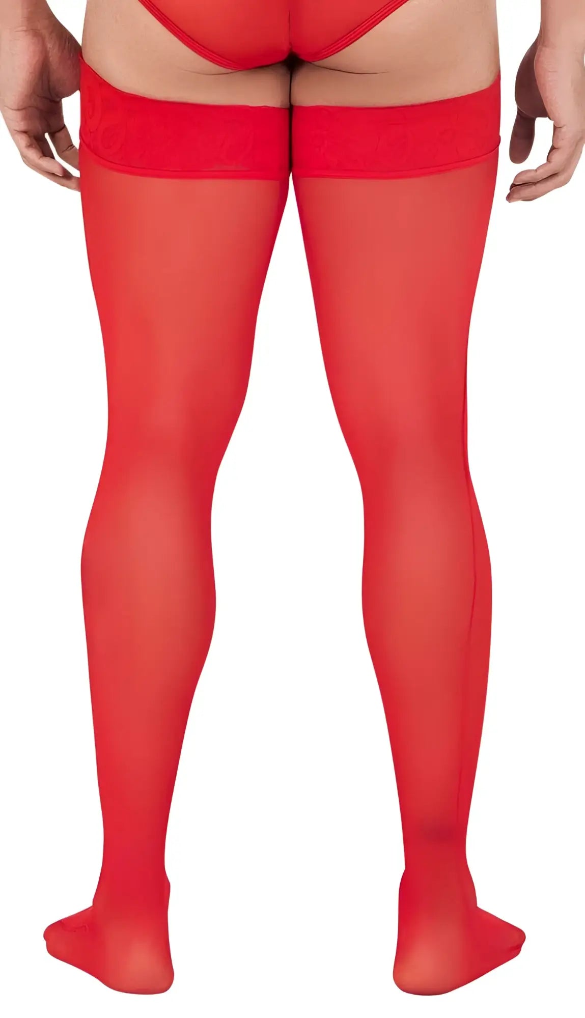 Red sheer mesh thigh-high stockings with lace trim at the top candyMan 99533 perfect for elegant wear