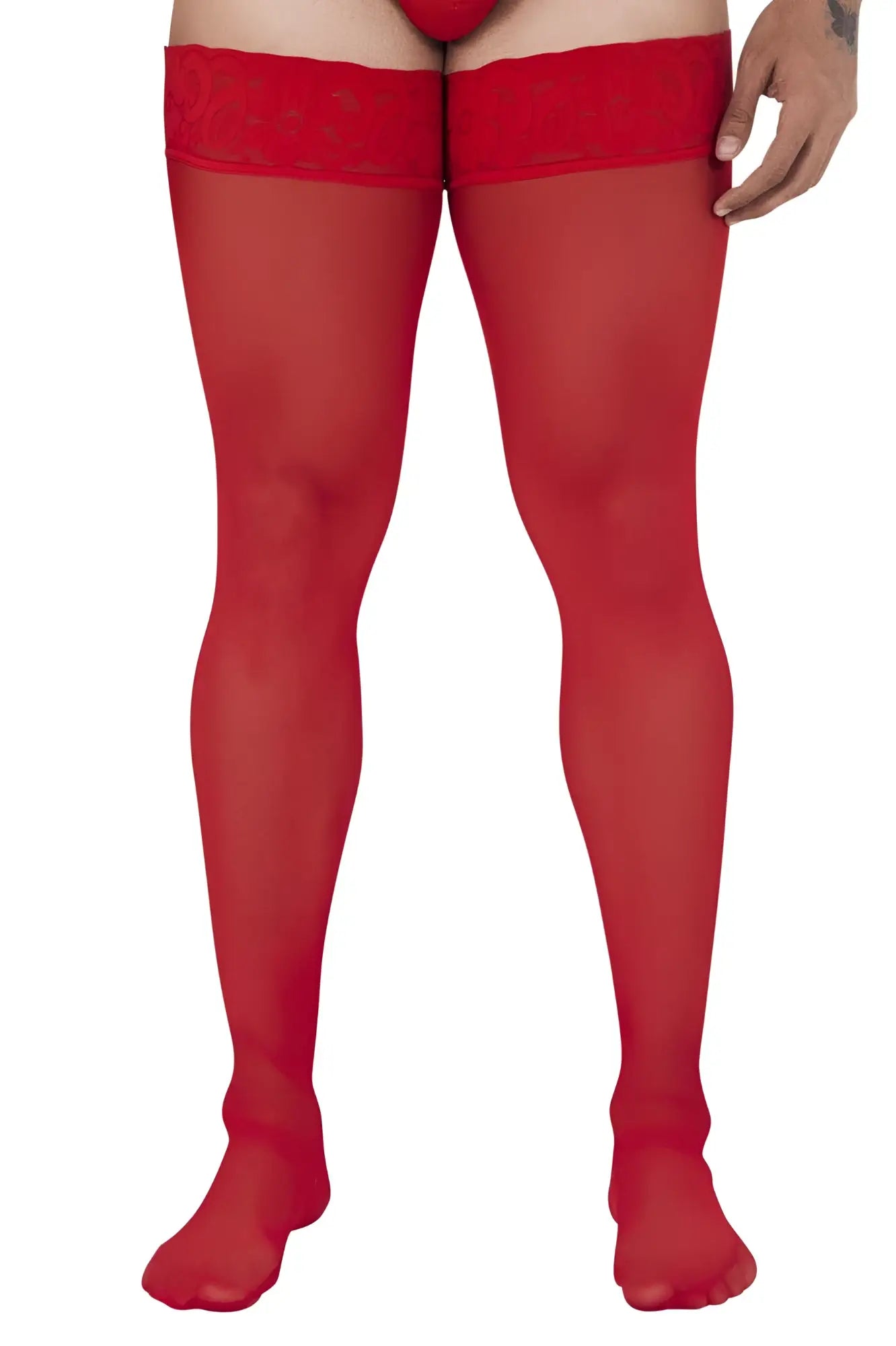 Red sheer mesh thigh-high stockings with lace trim by candyman 99533 in red color