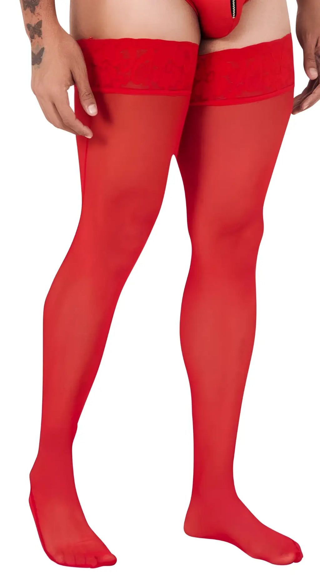 Red candyMan 99533 mesh thigh highs with sheer fabric and lace trim at the top