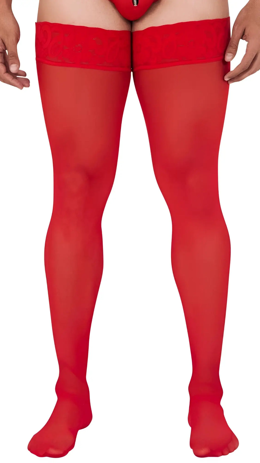 Red CandyMan 99533 mesh thigh highs with sheer material and lace trim at the top