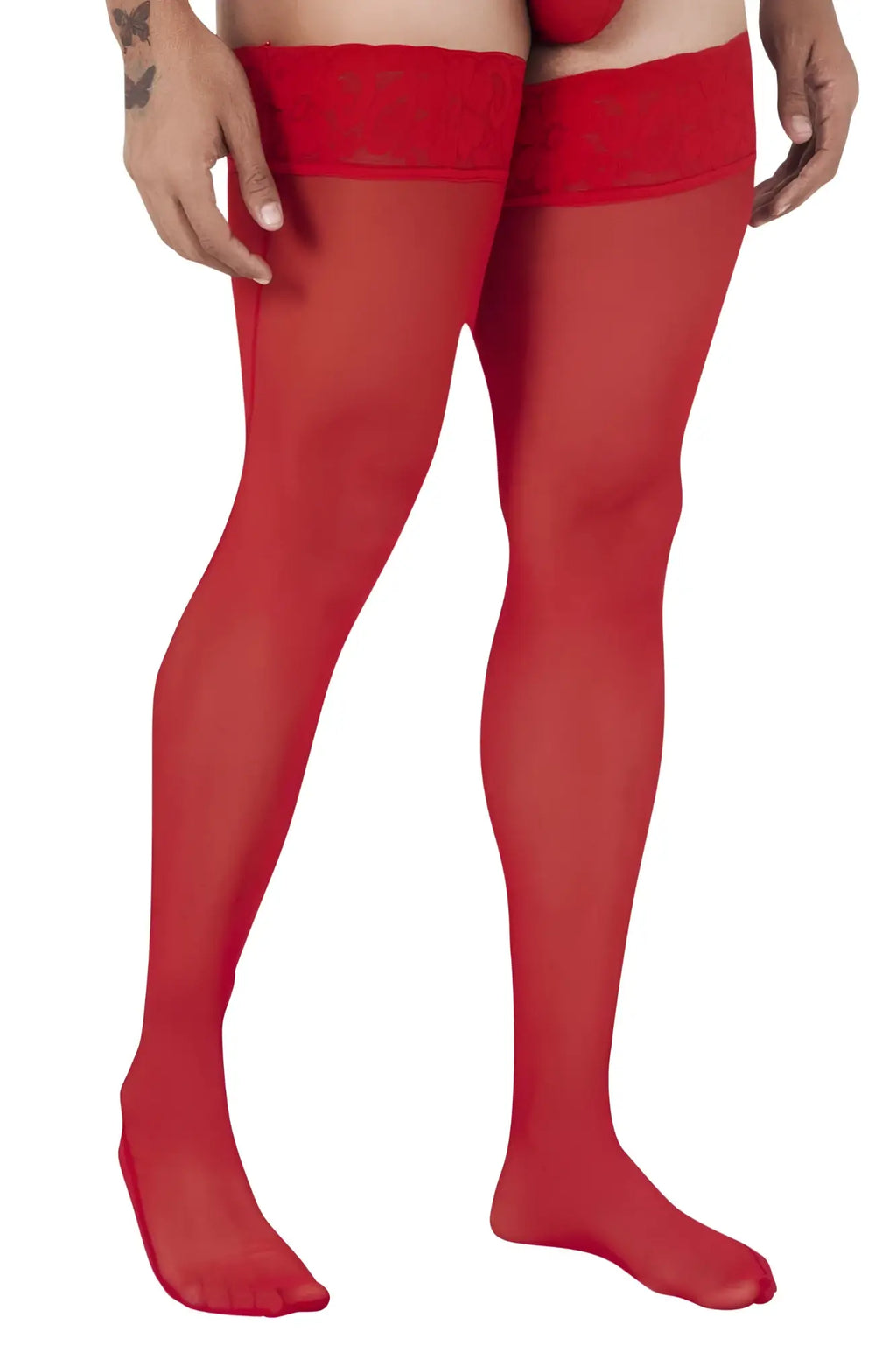 Red sheer mesh CandyMan 99533 thigh highs with a solid red elastic band at the top