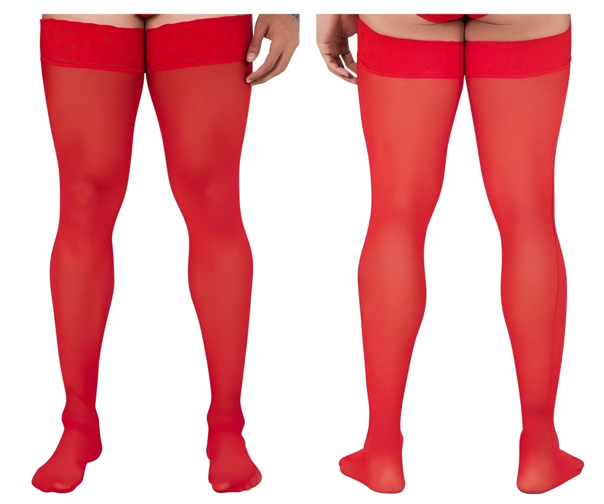 Red sheer candy man 99533 mesh thigh highs with solid elastic band at top for a stylish fit