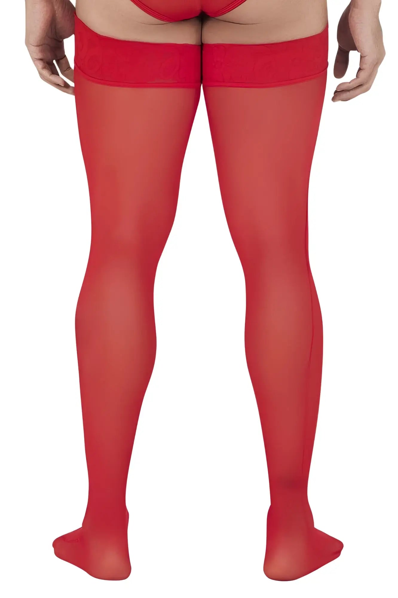 Red sheer mesh thigh highs candyman 99533 with solid red elastic band at top for a bold lingerie look