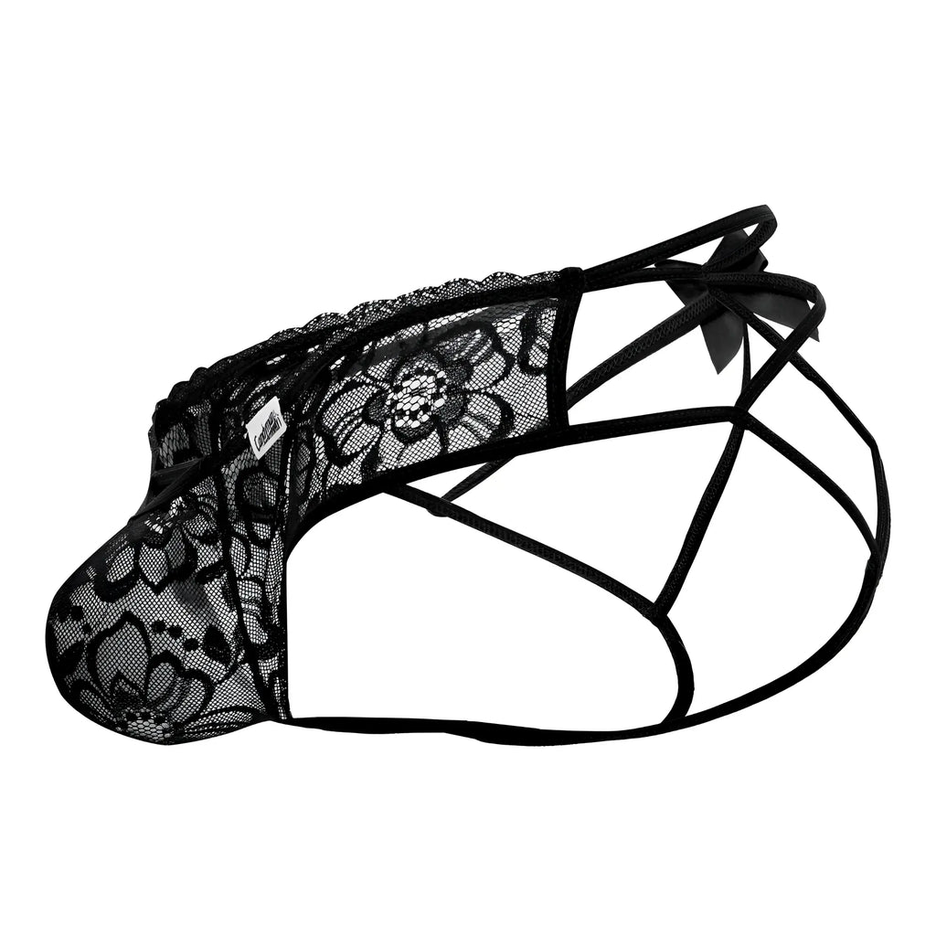 Black lace mens underwear candy man 99535 bow jockstrap with floral pattern and crisscross straps in black