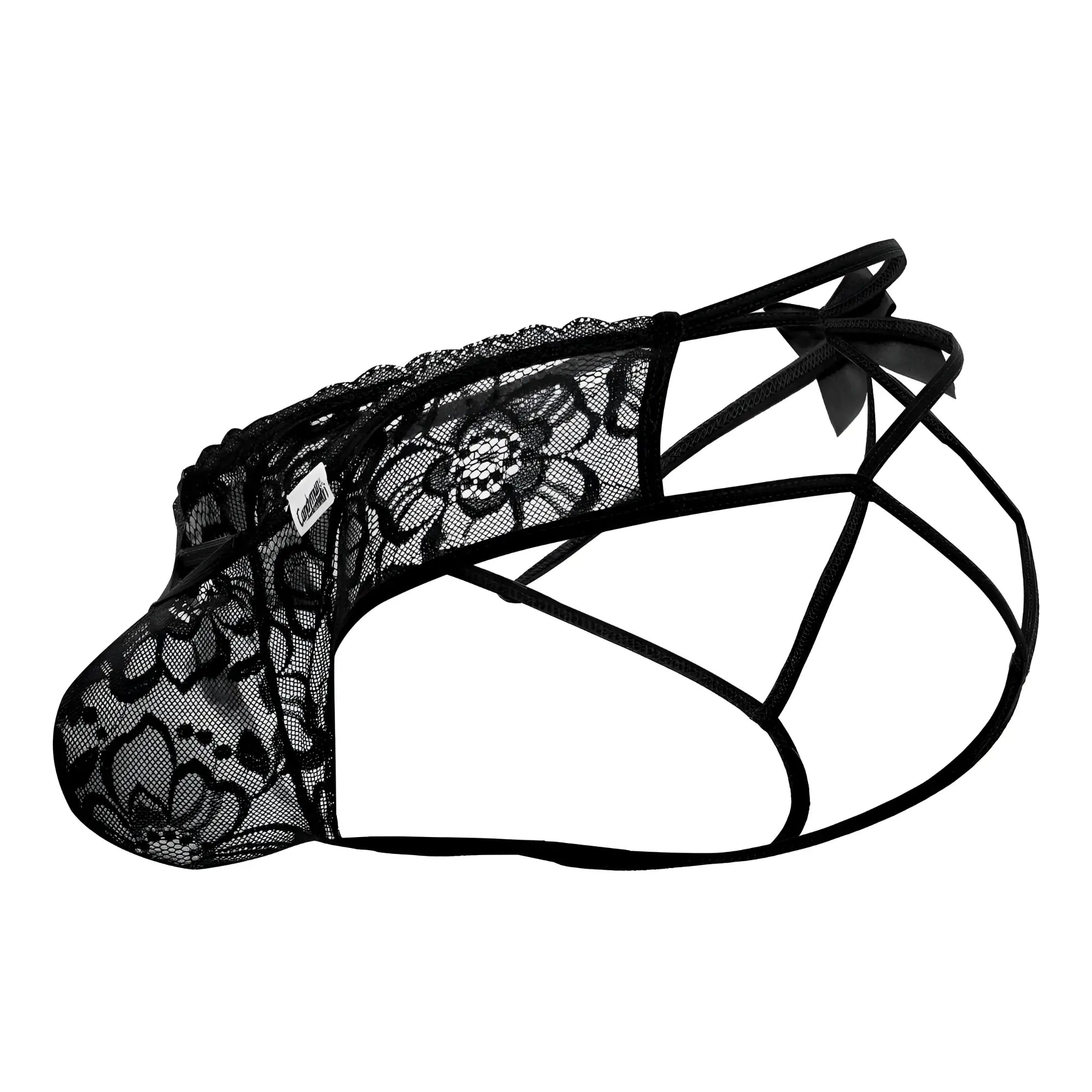 Black lace mens underwear candy man 99535 bow jockstrap with floral pattern and crisscross straps in black