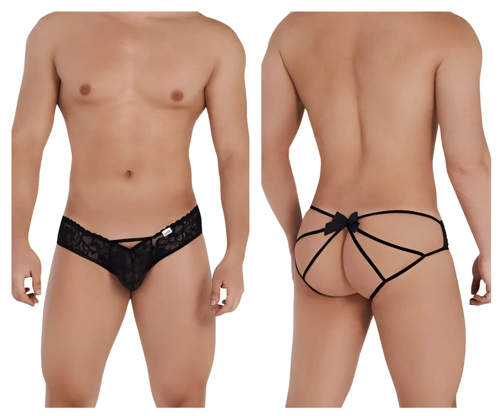 Back side of candyman 99535 black lace thong jockstrap with bow and crisscross straps