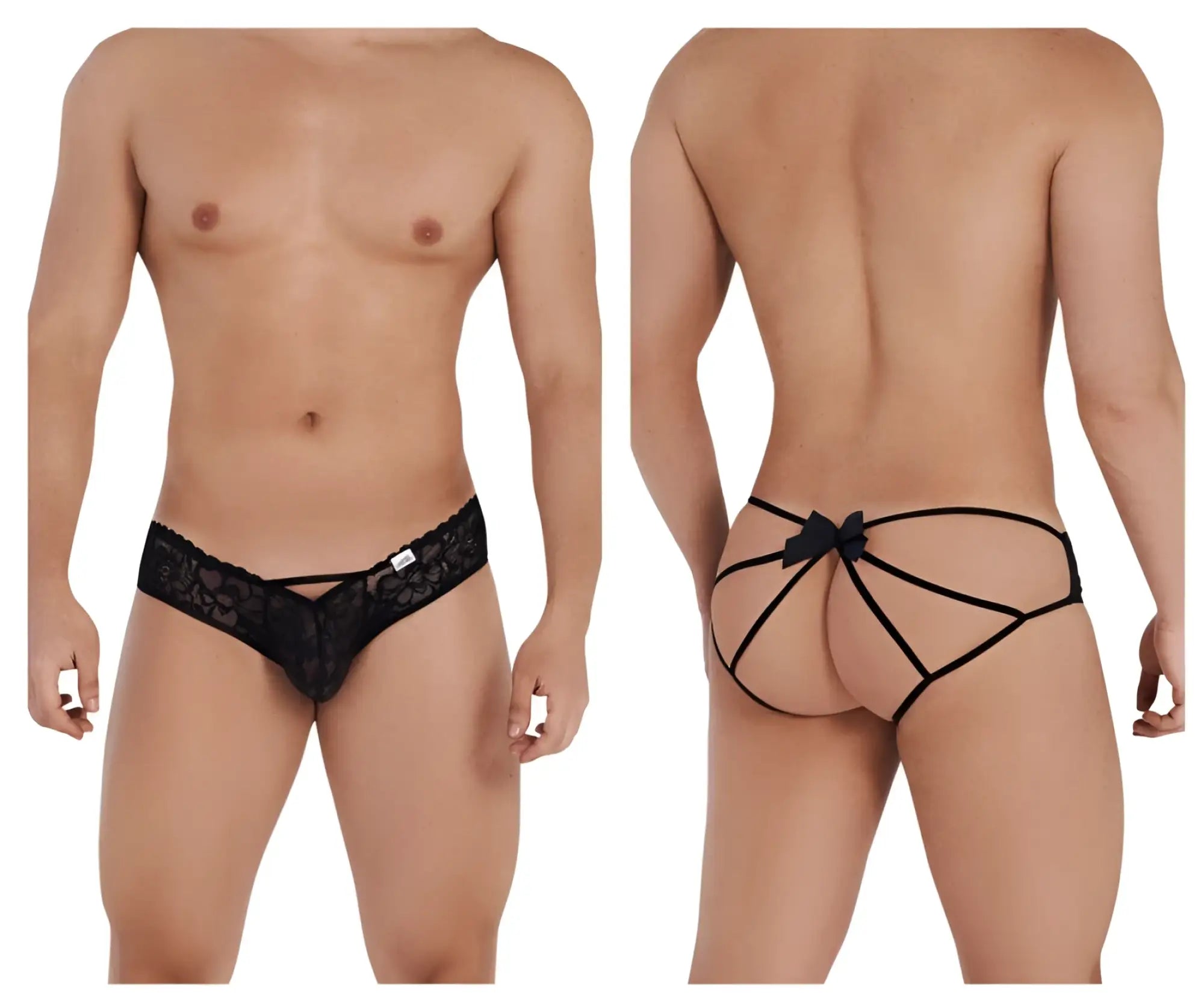 Back side of candyman 99535 black lace thong jockstrap with bow and crisscross straps