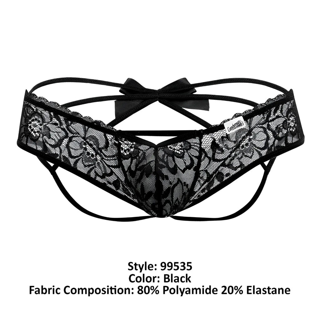 Black lace thong with floral pattern and central bow at the back candyMan 99535 bow jockstrap in black