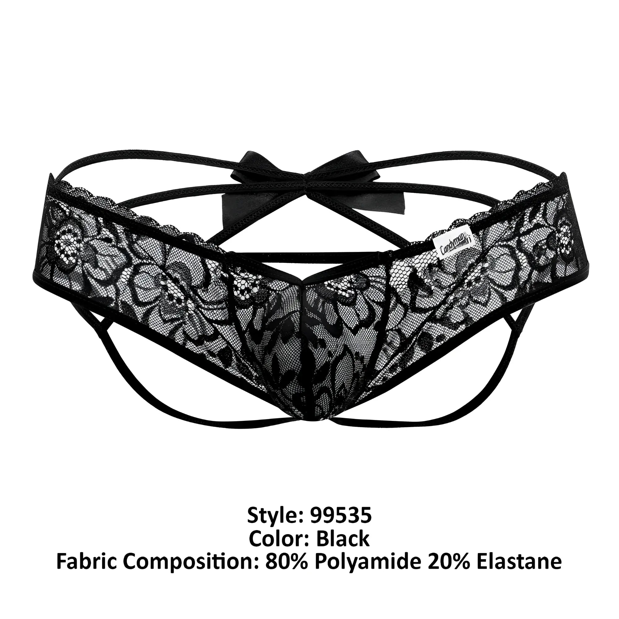 Black lace thong with floral pattern and central bow at the back candyMan 99535 bow jockstrap in black