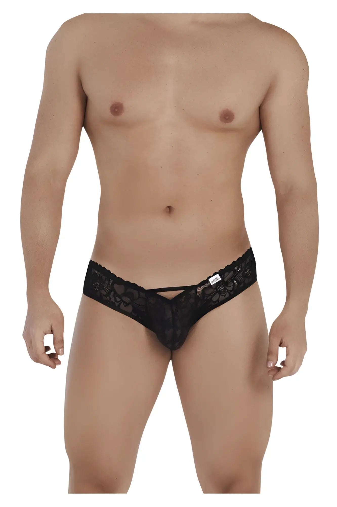 CandyMan 99535 black lace thong with floral pattern and small white tag on the waistband