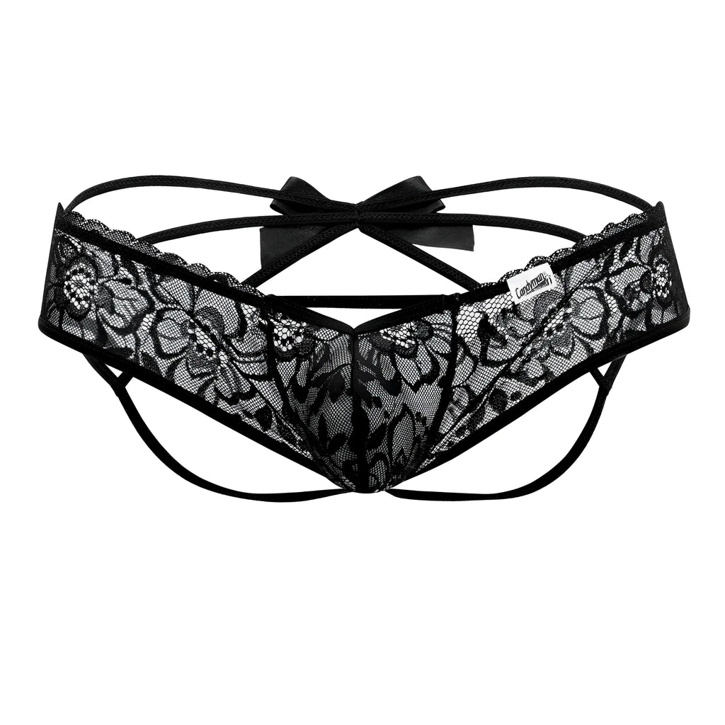 Black lace thong with floral pattern and satin bow at the back by candyman model 99535 in black color