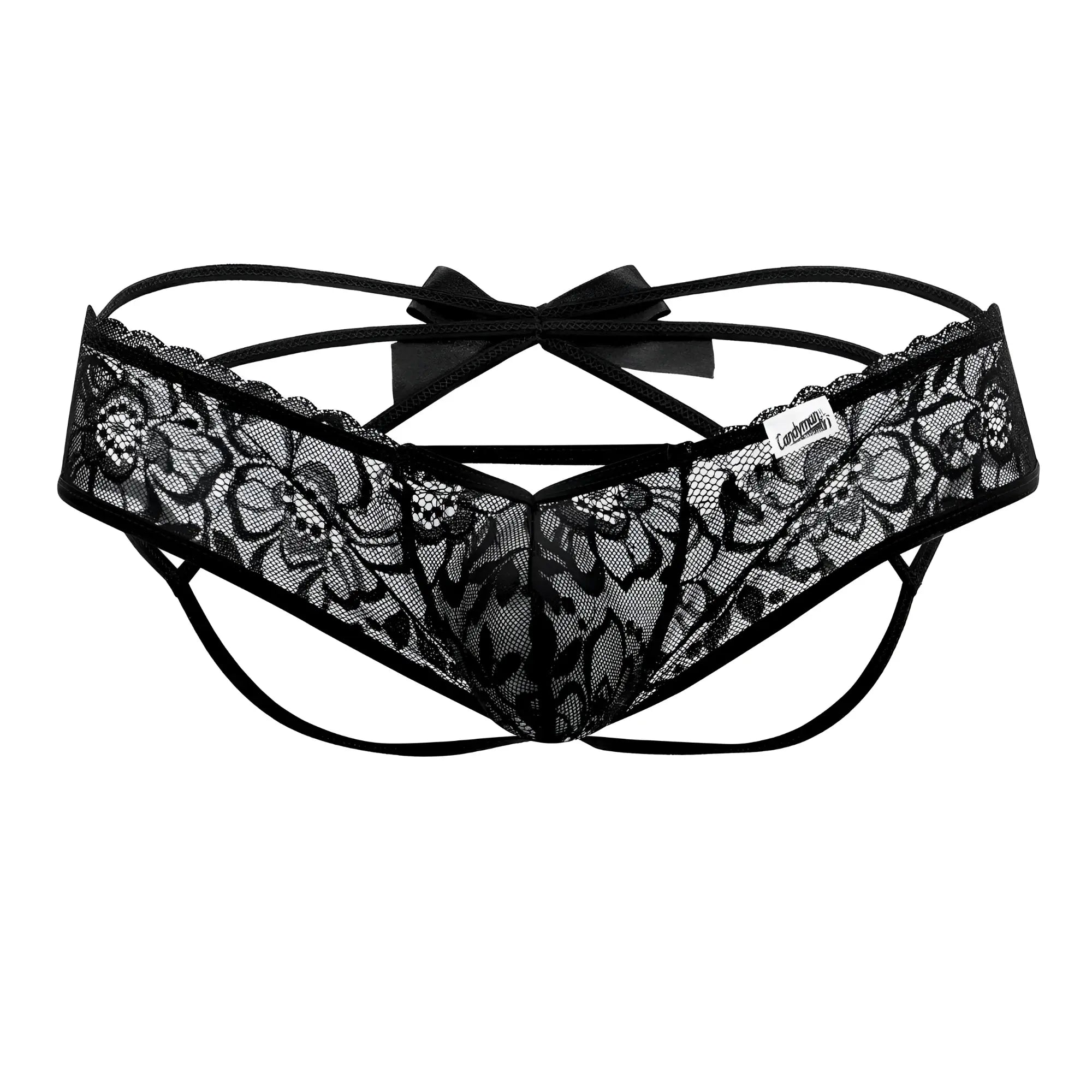 Black lace thong with floral pattern and satin bow at the back by candyman model 99535 in black color
