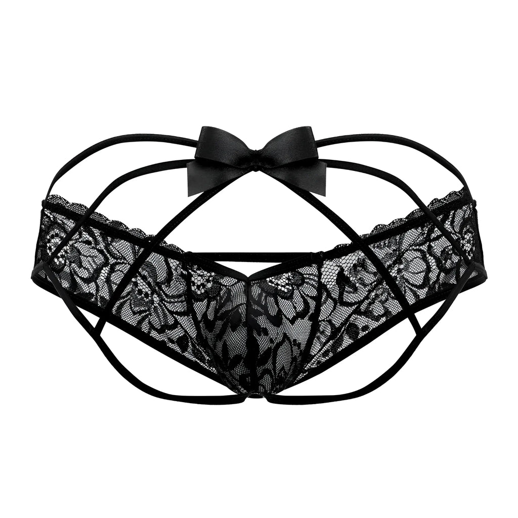 Black lace thong candyMan 99535 with satin bow at the center in black highlighting delicate material and design
