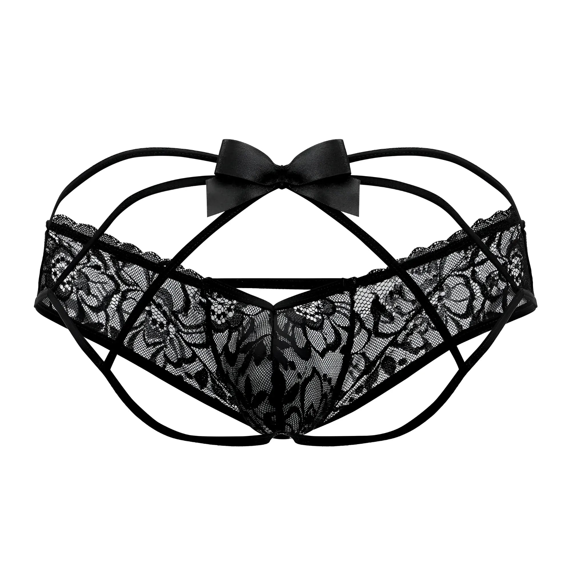 Black lace thong candyMan 99535 with satin bow at the center in black highlighting delicate material and design