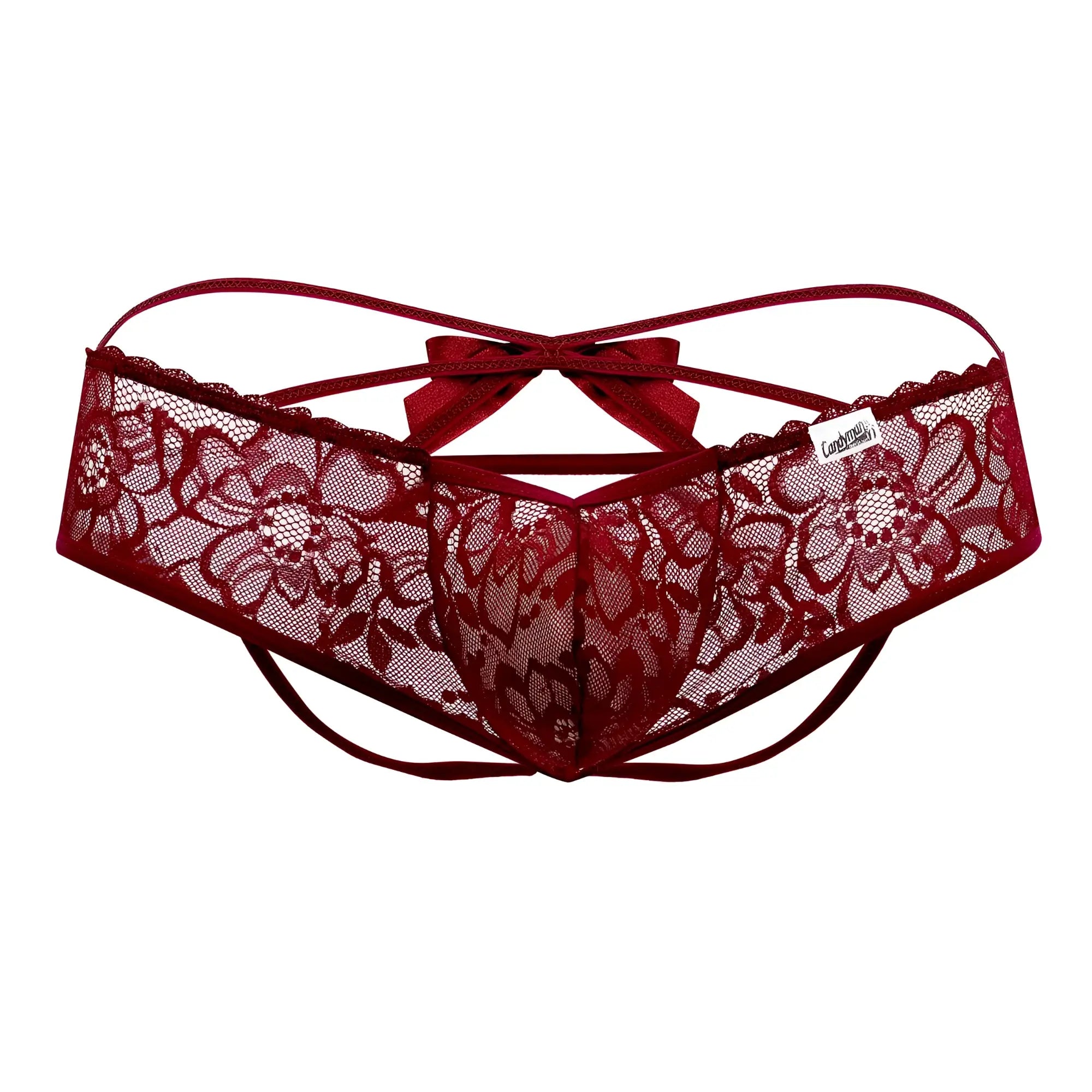 Deep red lace thong jockstrap with floral patterns and a matching bow at the back in burgundy by candyman