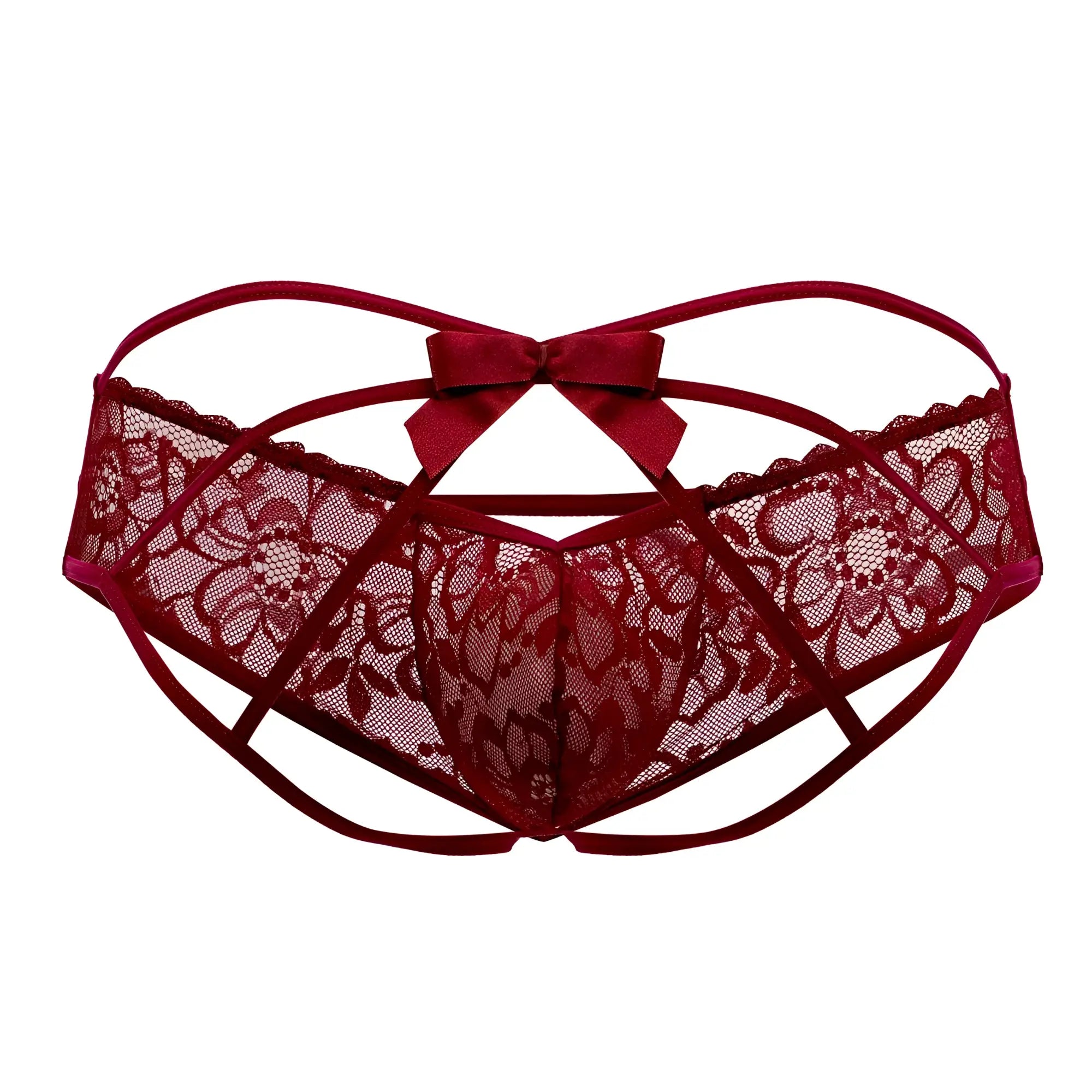 Deep red lace candyMan 99535 bow jockstrap in burgundy showing satin bow detail at the back