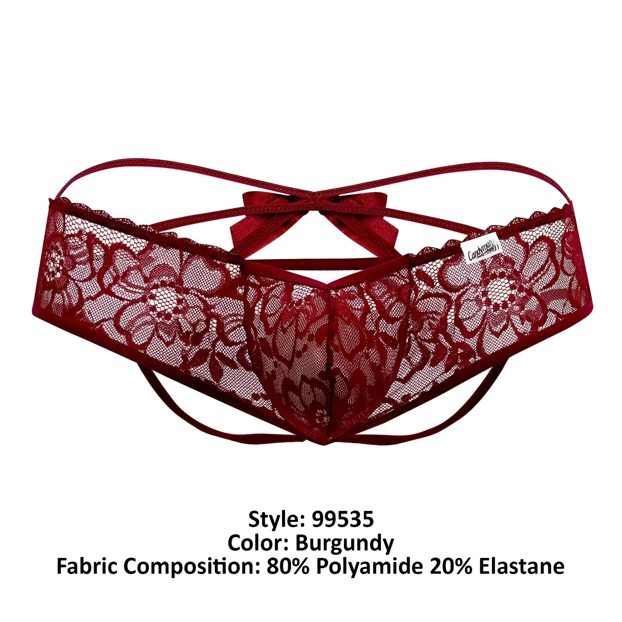 Back view of candyman 99535 burgundy lace thong with floral pattern and matching bow detail