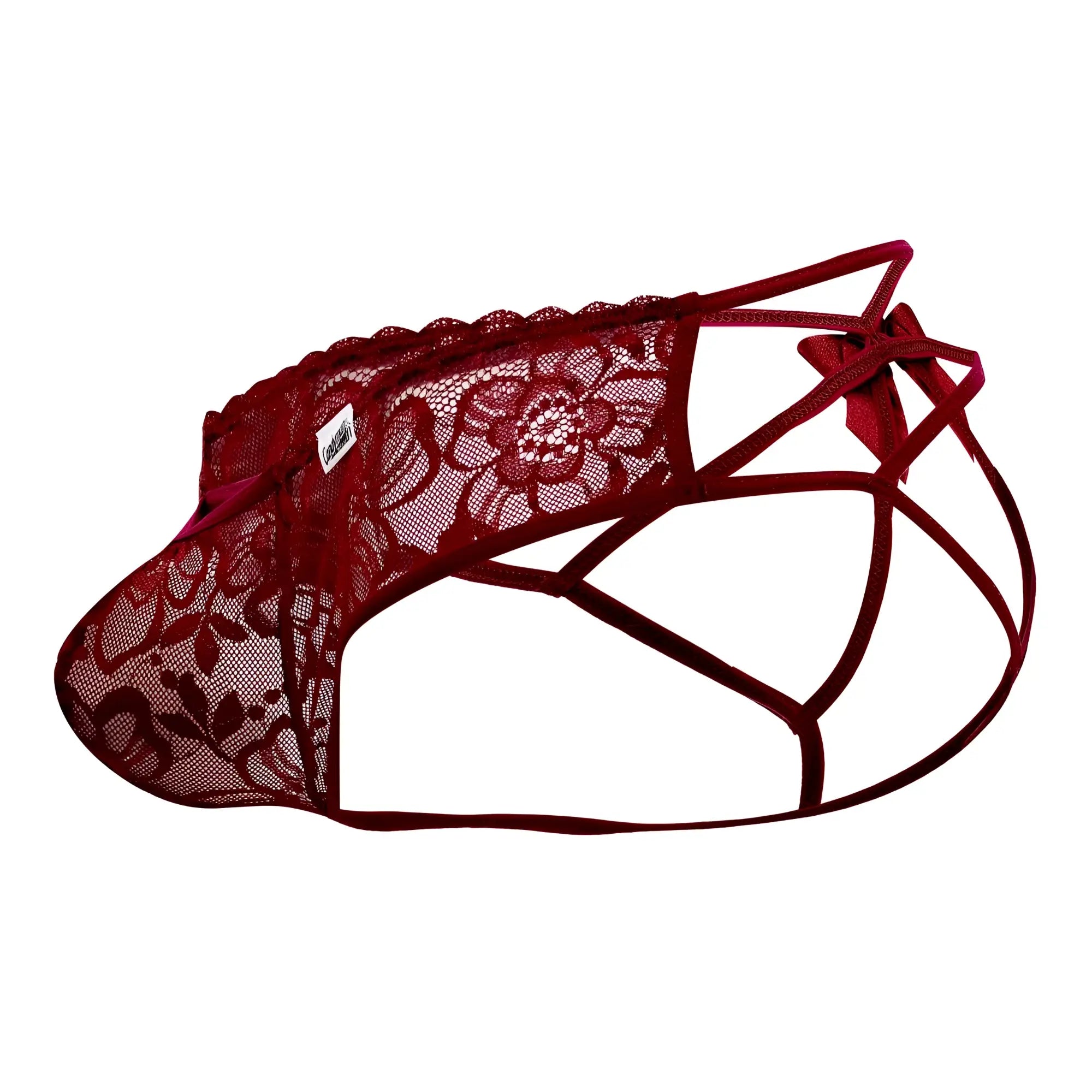CandyMan 99535 bow jockstrap in burgundy maroon lace with floral patterns and crisscross straps back view