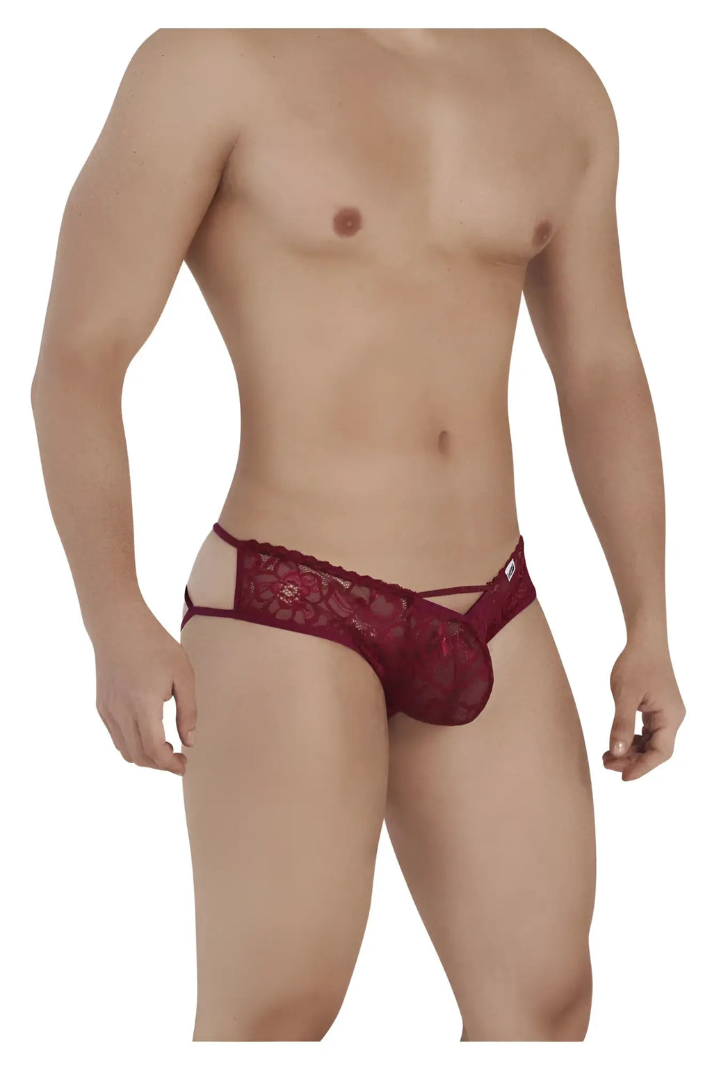 A maroon lace thong with intricate floral patterns and cut-out design from candyman 99535 bow jockstrap burgundy collection