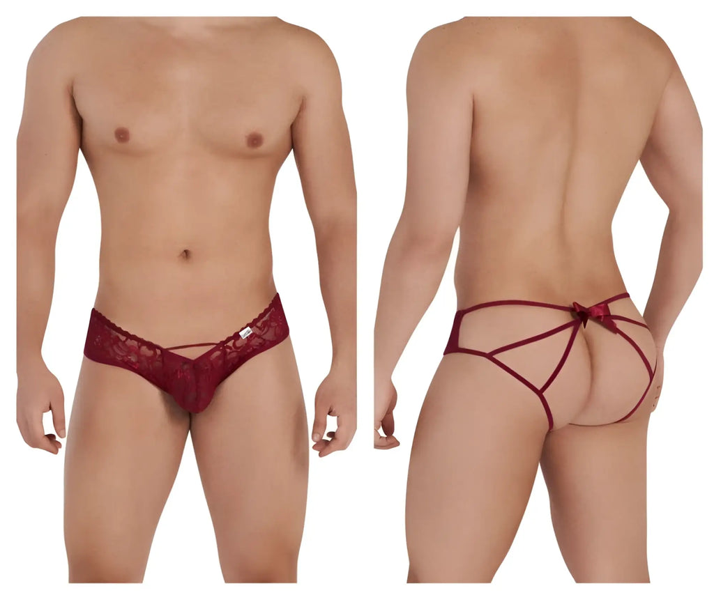 Back view of burgundy candy man 99535 bow jockstrap featuring red lace thong and bow accent