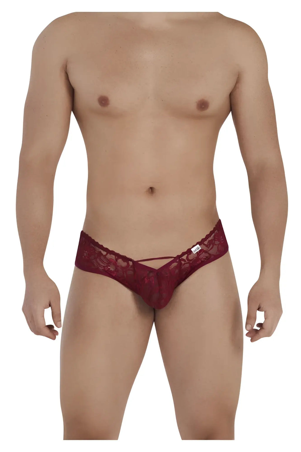 Candyman 99535 bow jockstrap burgundy red lace thong with intricate floral patterns and sheer fabric design