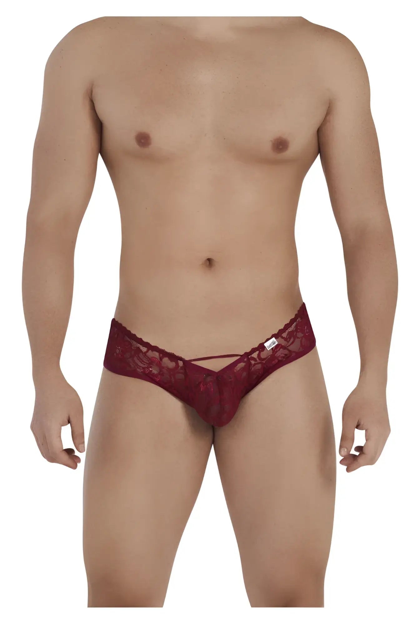 Candyman 99535 bow jockstrap burgundy red lace thong with intricate floral patterns and sheer fabric design
