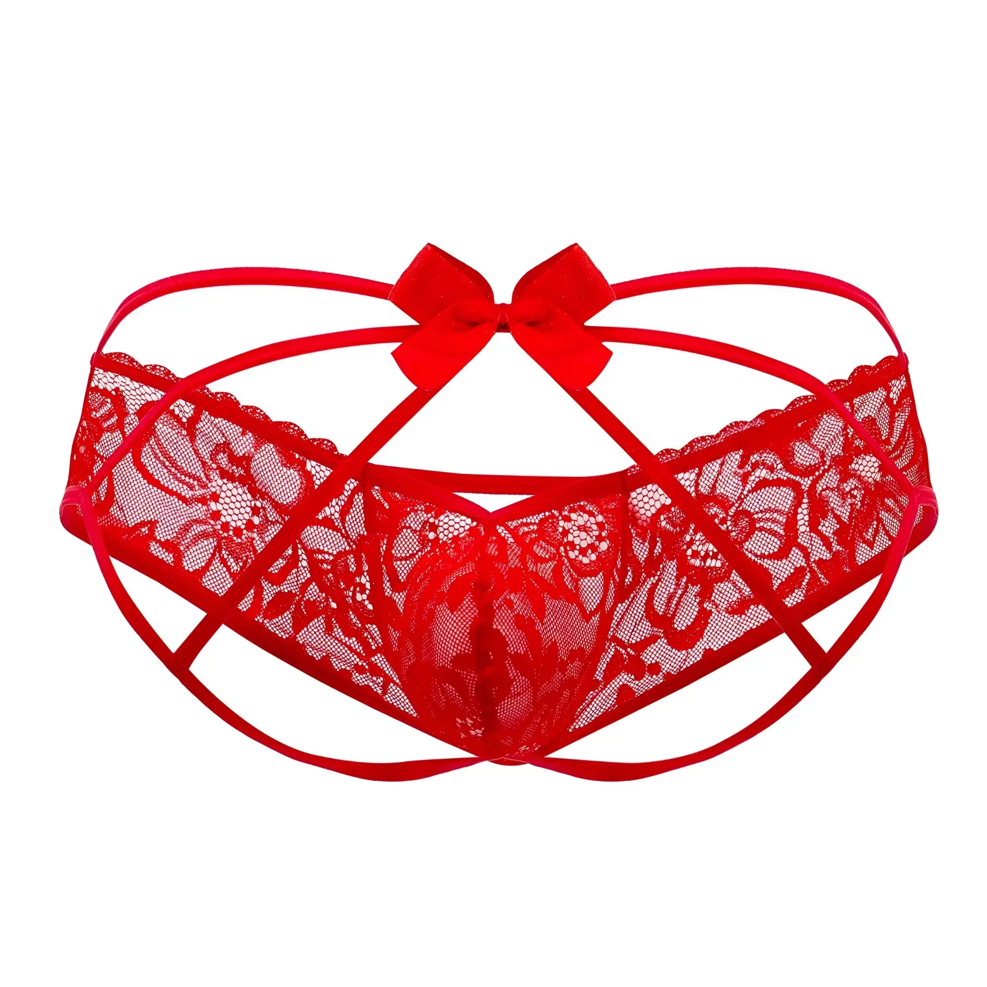 Red lace CandyMan 99535 bow jockstrap with central bow and crisscross straps in vibrant red