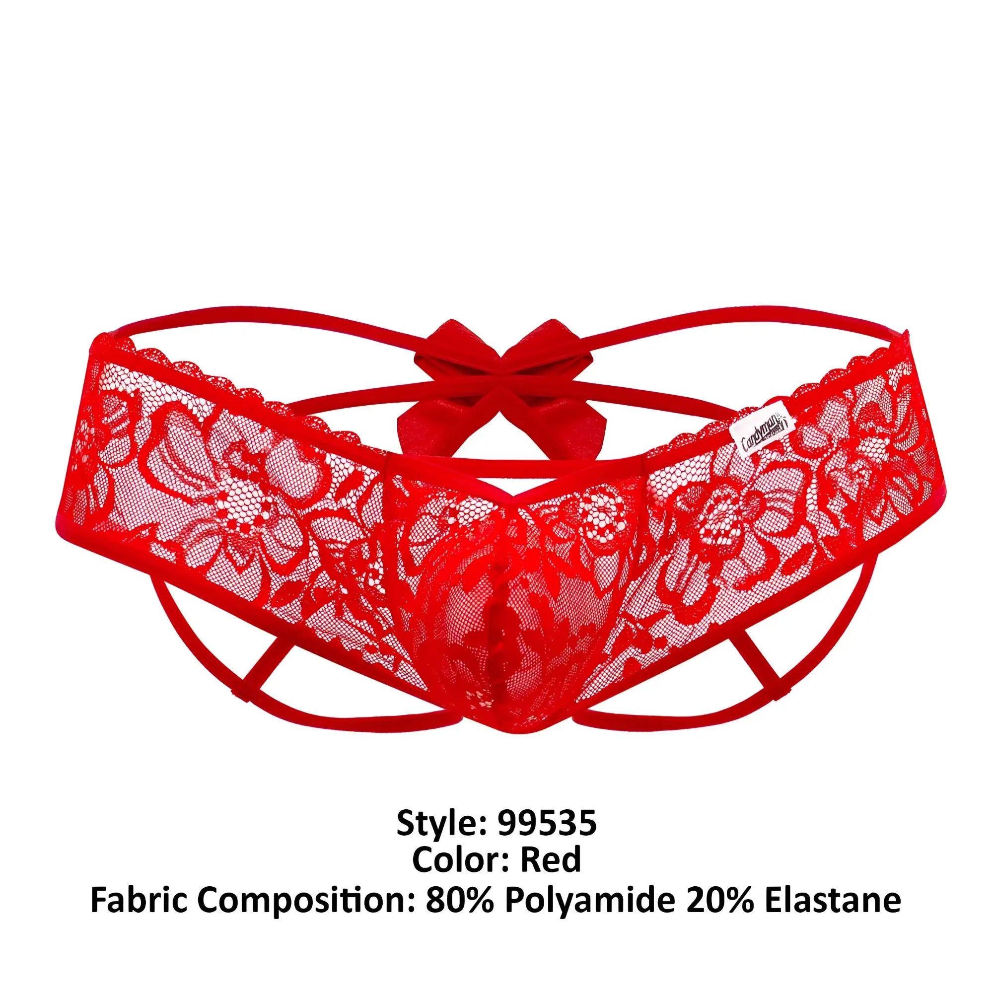 Red lace CandyMan 99535 bow jockstrap with floral pattern and central bow in red color front view