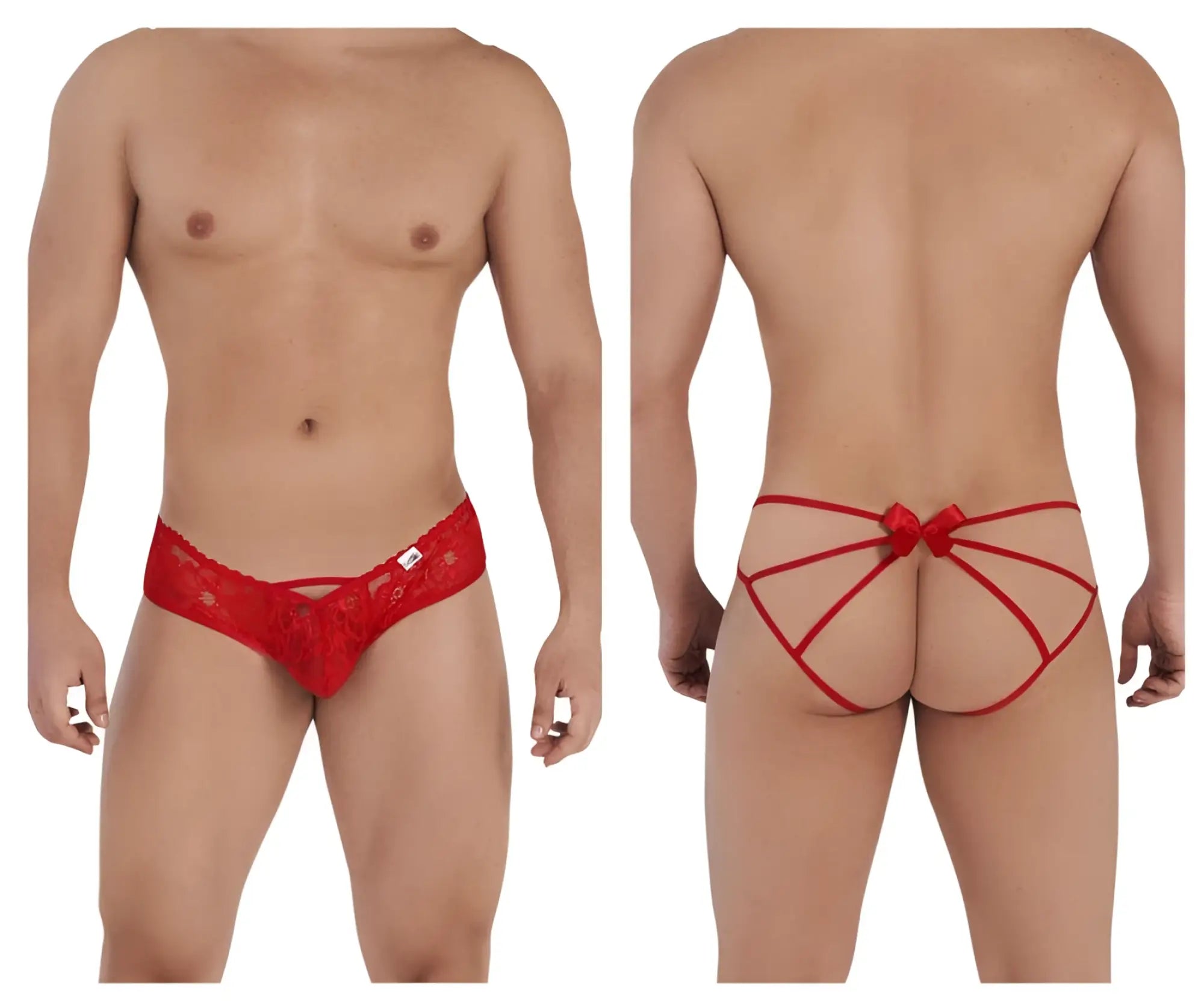 Back view of red candyMan 99535 lace thong jockstrap with bow detail made from lace and elastic straps