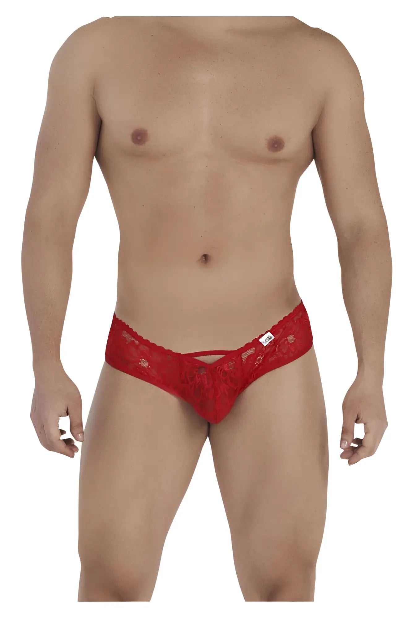 CandyMan 99535 red lace thong with delicate floral pattern and small white tag on waistband front view