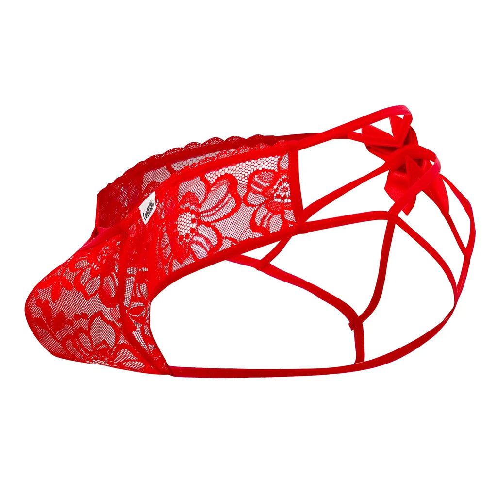 Red lace thong with floral pattern and adjustable straps from candyman 99535 bow jockstrap in red color