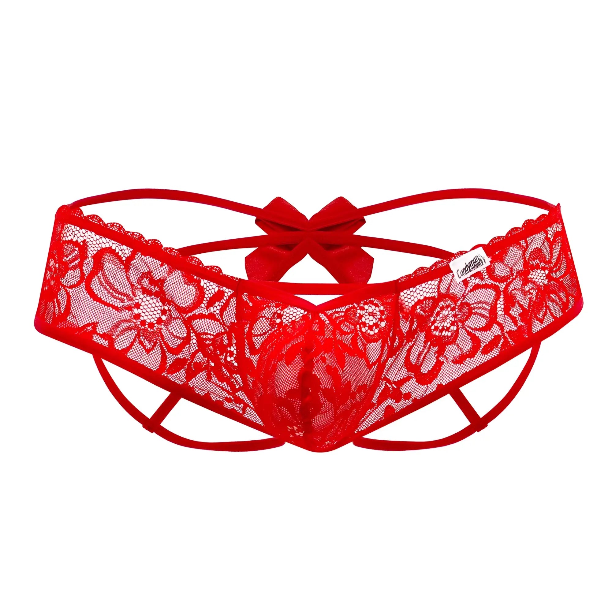Back view of red candy man 99535 lace thong with floral patterns and matching satin bow jockstrap