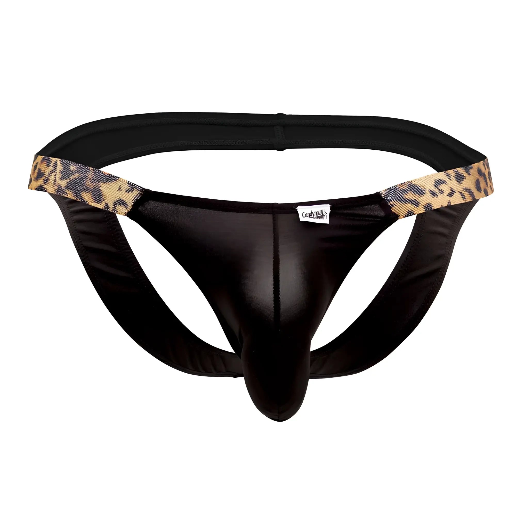 Black satin-like thong with leopard-print trim on waistband from candyman 99536x bikini jockstrap collection